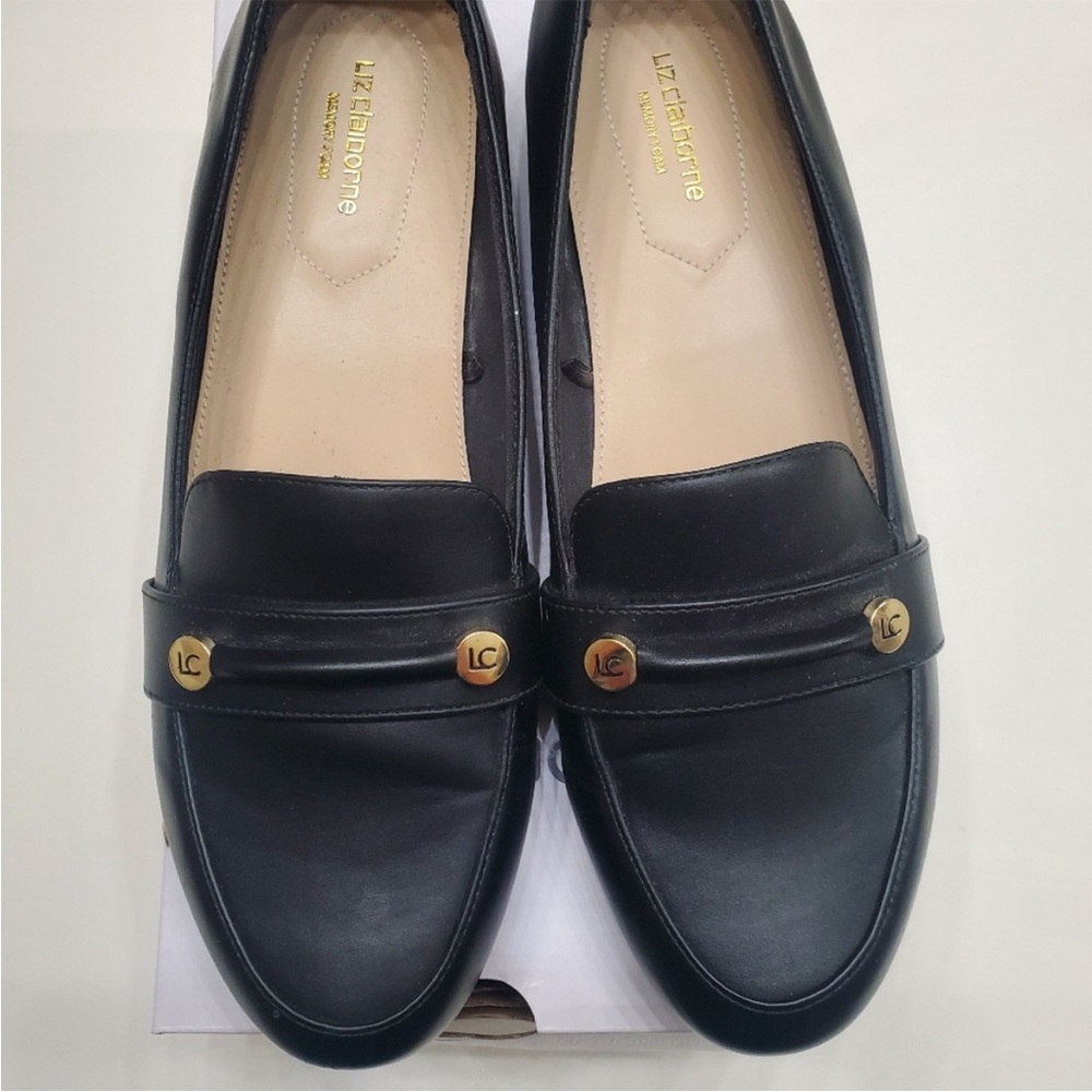 Liz Claiborne Black Leather Loafers with Gold Accents
